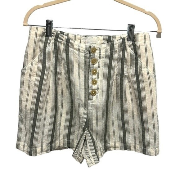 By Anthropologie linen blend green and green striped 4” shorts size 4 - Picture 1 of 7